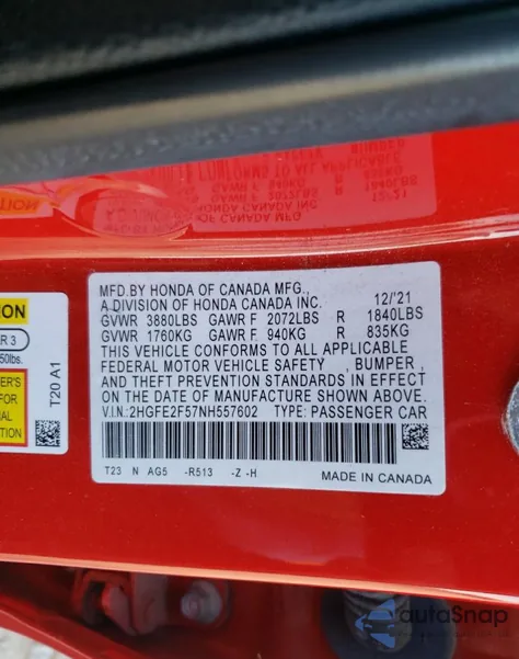 2022 Honda Civic Sport из США, поврежденный, VIN 2HGFE2F57NH557602